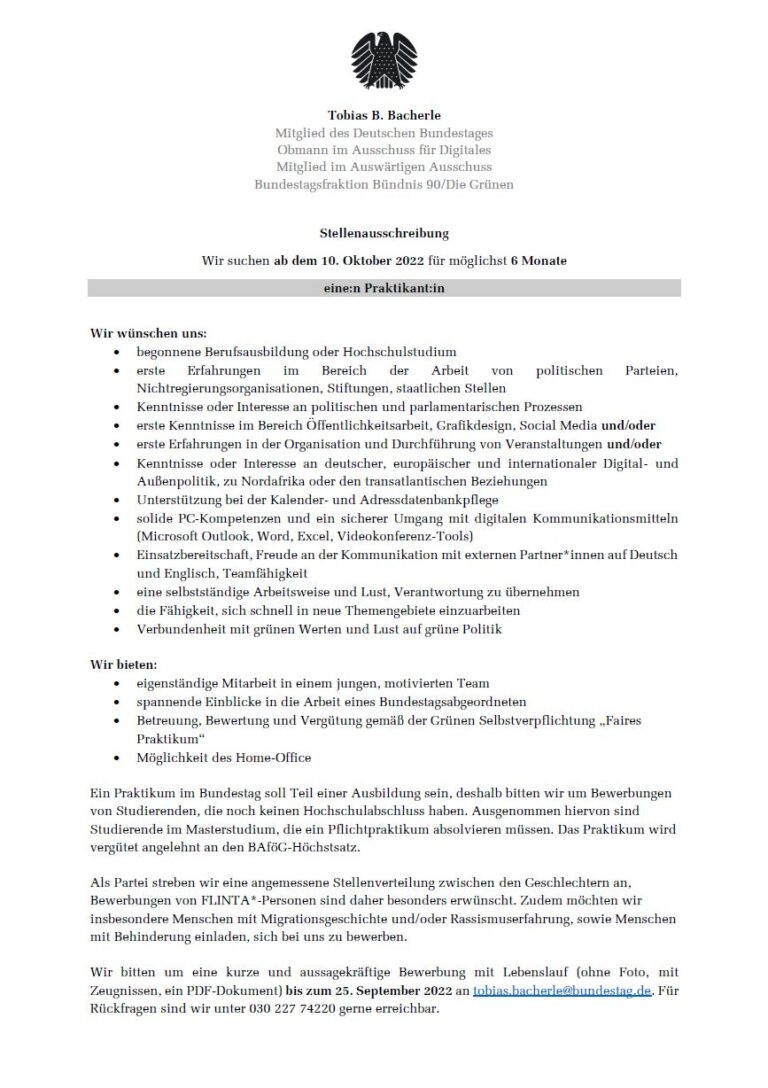 Stellenausschreibung: Wir suchen zum 10. Oktober 2022 eine:n Praktikant:in